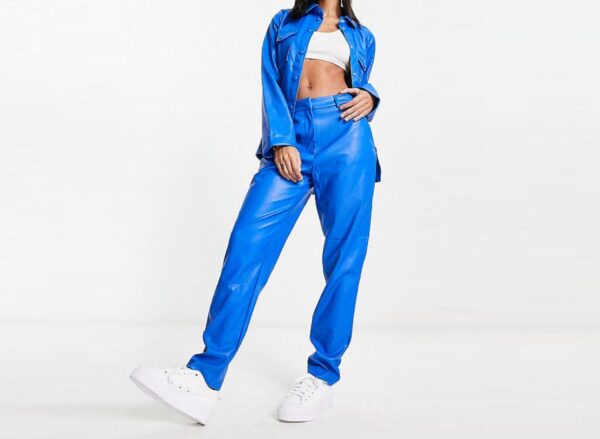 Women Blue Leather Loose Fit Pants - Real Cow Leather Ladies Casual Pants - Image 3