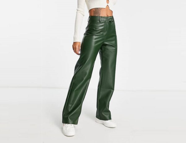 Women Green Leather High Waist Pants - Real Sheep Leather Ladies Biker Pants - Image 2