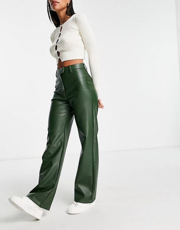 Women Green Leather High Waist Pants - Real Sheep Leather Ladies Biker Pants