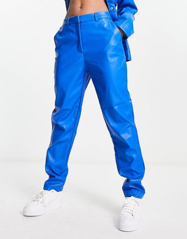 Women Blue Leather Loose Fit Pants - Real Cow Leather Ladies Casual Pants