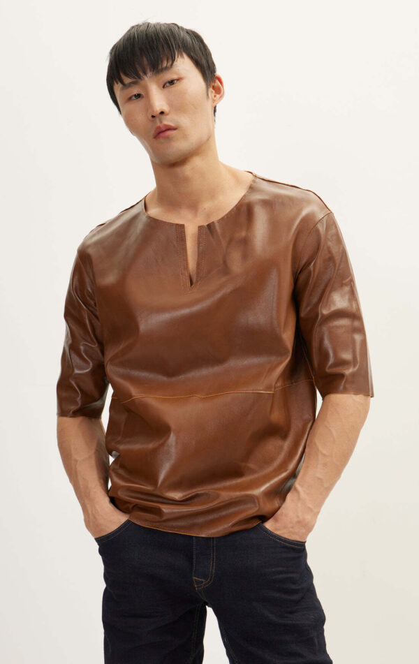 Mens Brown Leather Half Sleeve Shirt - Real Cow Skin - Image 2