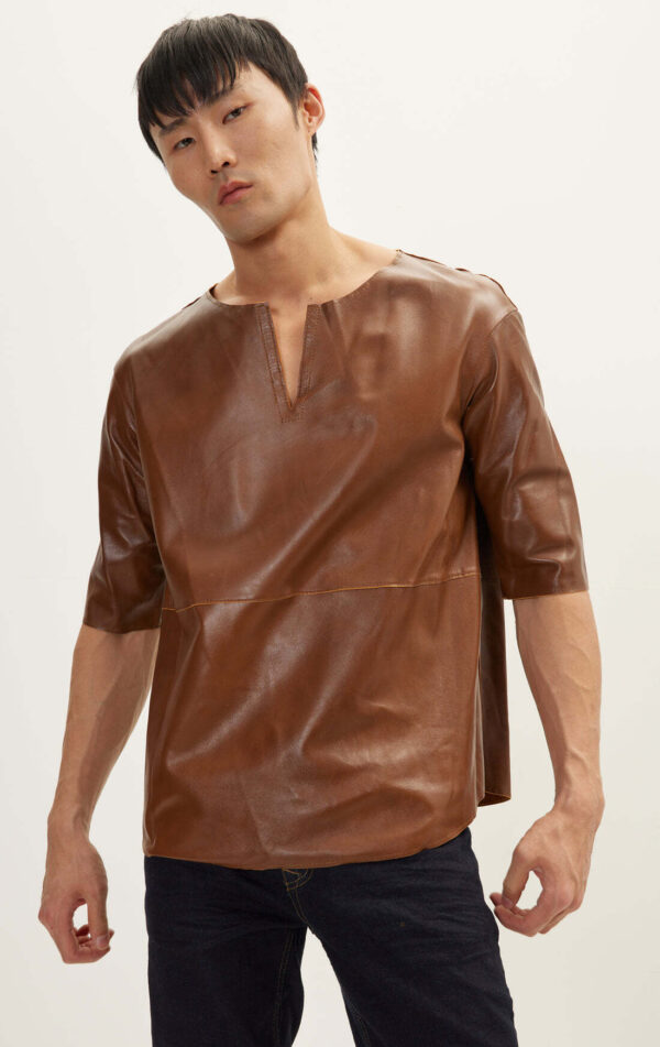 Mens Brown Leather Half Sleeve Shirt - Real Cow Skin