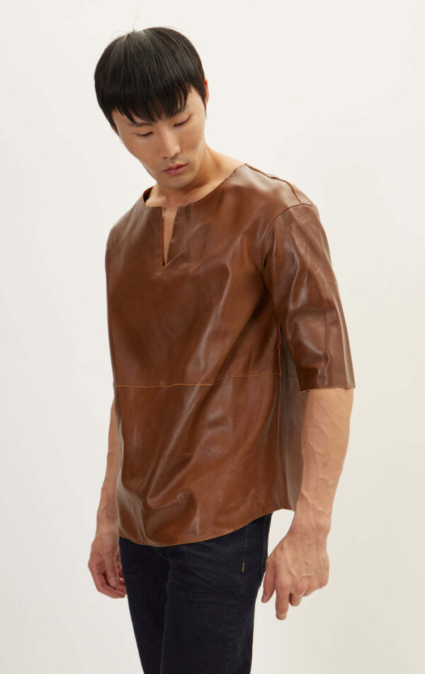 Mens Brown Leather Half Sleeve Shirt - Real Cow Skin - Image 5