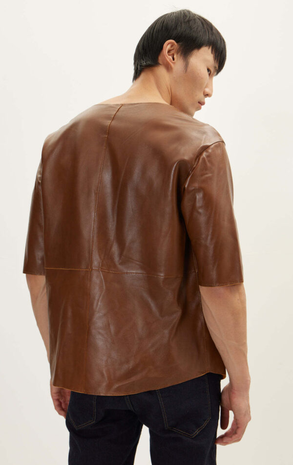 Mens Brown Leather Half Sleeve Shirt - Real Cow Skin - Image 3