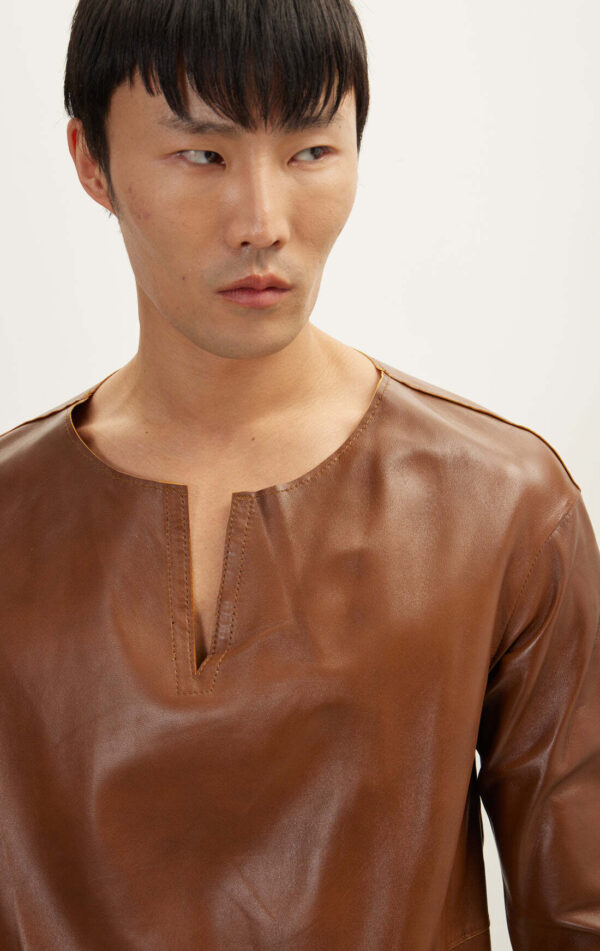 Mens Brown Leather Half Sleeve Shirt - Real Cow Skin - Image 4