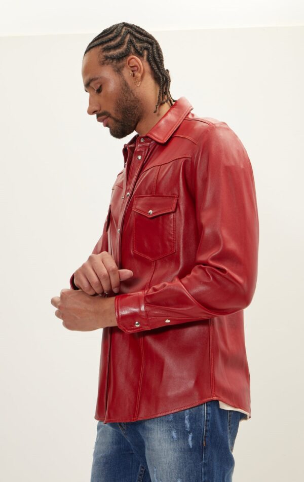 Mens Red Leather Biker Shirt - Real Cow Skin - Image 3