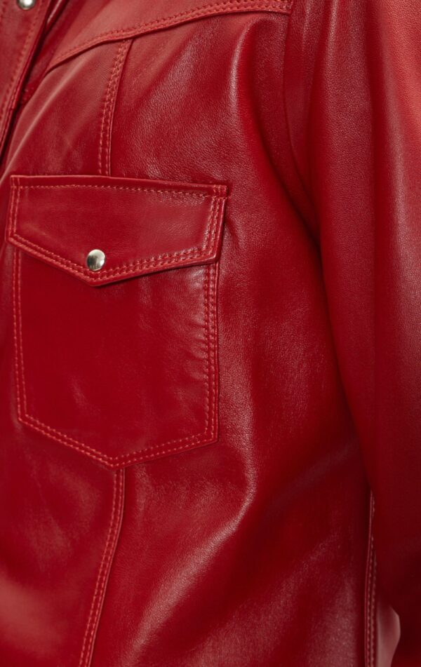 Mens Red Leather Biker Shirt - Real Cow Skin - Image 4