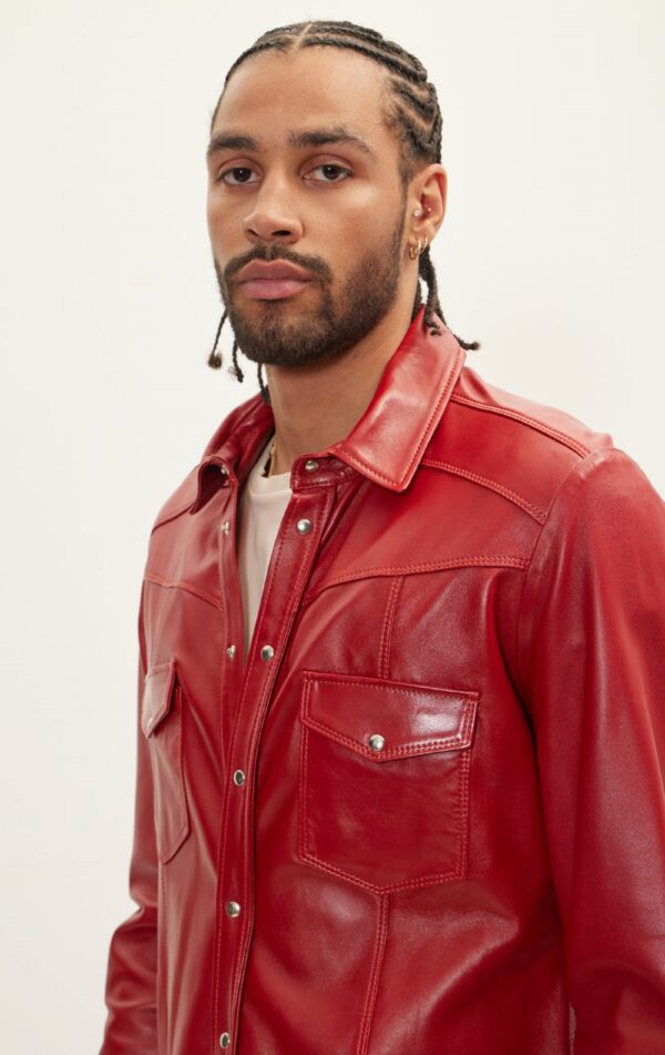 Mens Red Leather Biker Shirt - Real Cow Skin - Image 7