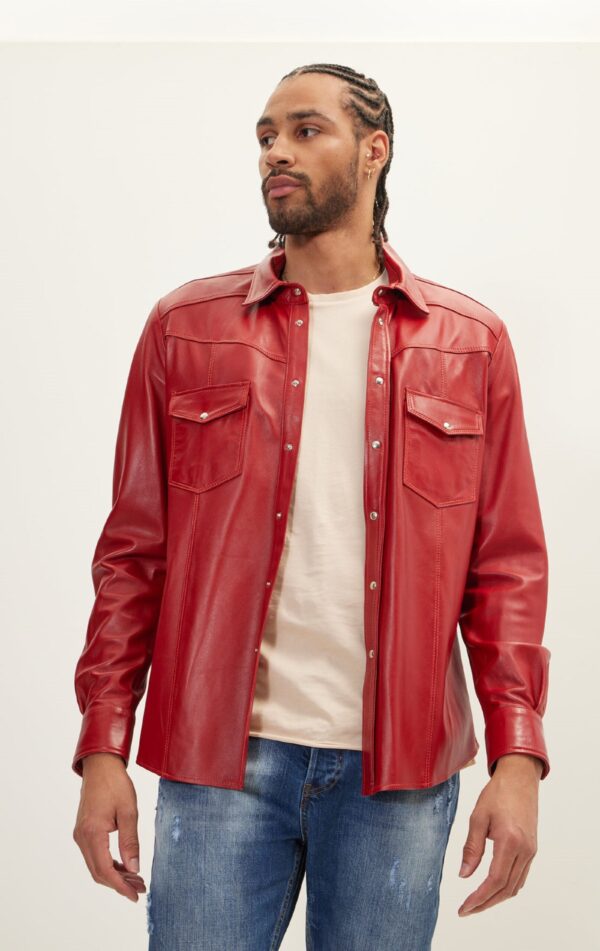 Mens Red Leather Biker Shirt - Real Cow Skin - Image 6