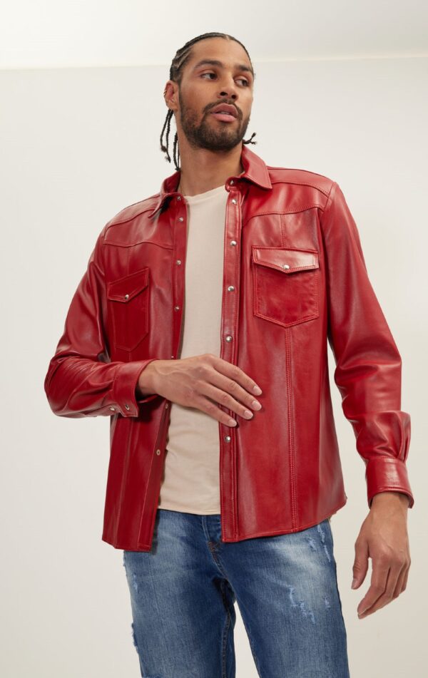 Mens Red Leather Biker Shirt - Real Cow Skin