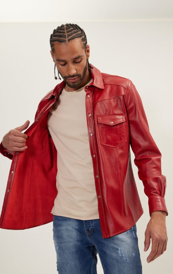 Mens Red Leather Biker Shirt - Real Cow Skin - Image 5