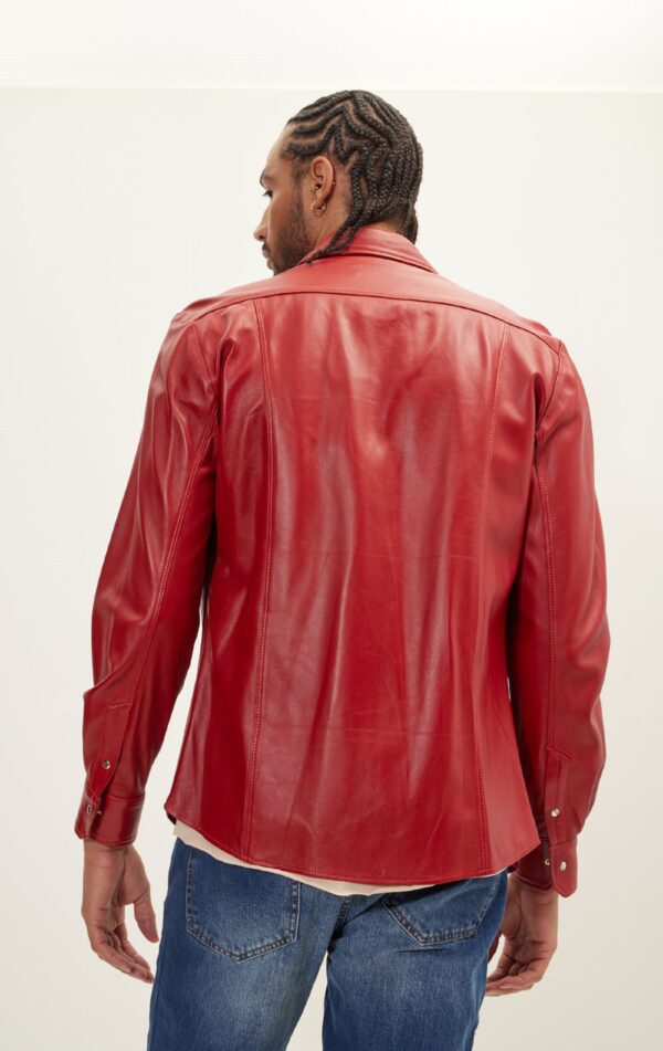 Mens Red Leather Biker Shirt - Real Cow Skin - Image 2