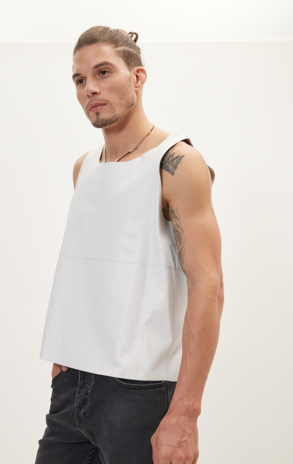 Mens White Leather Sleeveless Tank Shirt - Real Cow Skin