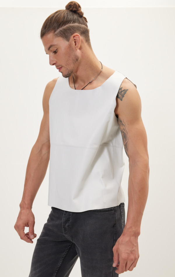 Mens White Leather Sleeveless Tank Shirt - Real Cow Skin - Image 3