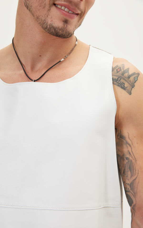 Mens White Leather Sleeveless Tank Shirt - Real Cow Skin - Image 4