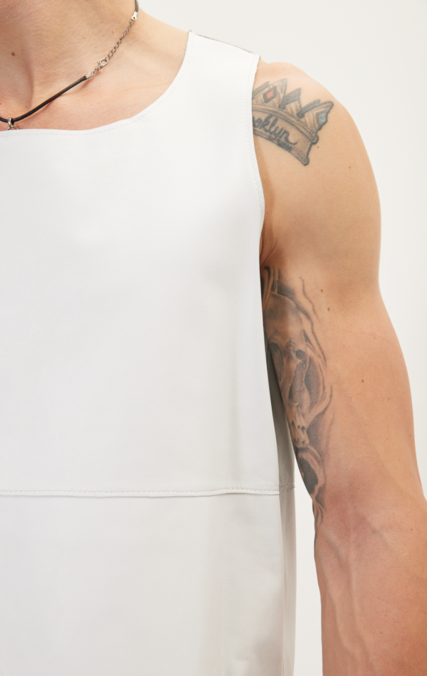 Mens White Leather Sleeveless Tank Shirt - Real Cow Skin - Image 5