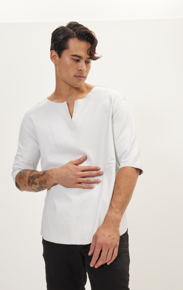 Mens White Leather Short Sleeve Shirt - Real Cow Skin - Image 3