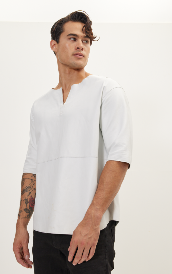 Mens White Leather Short Sleeve Shirt - Real Cow Skin