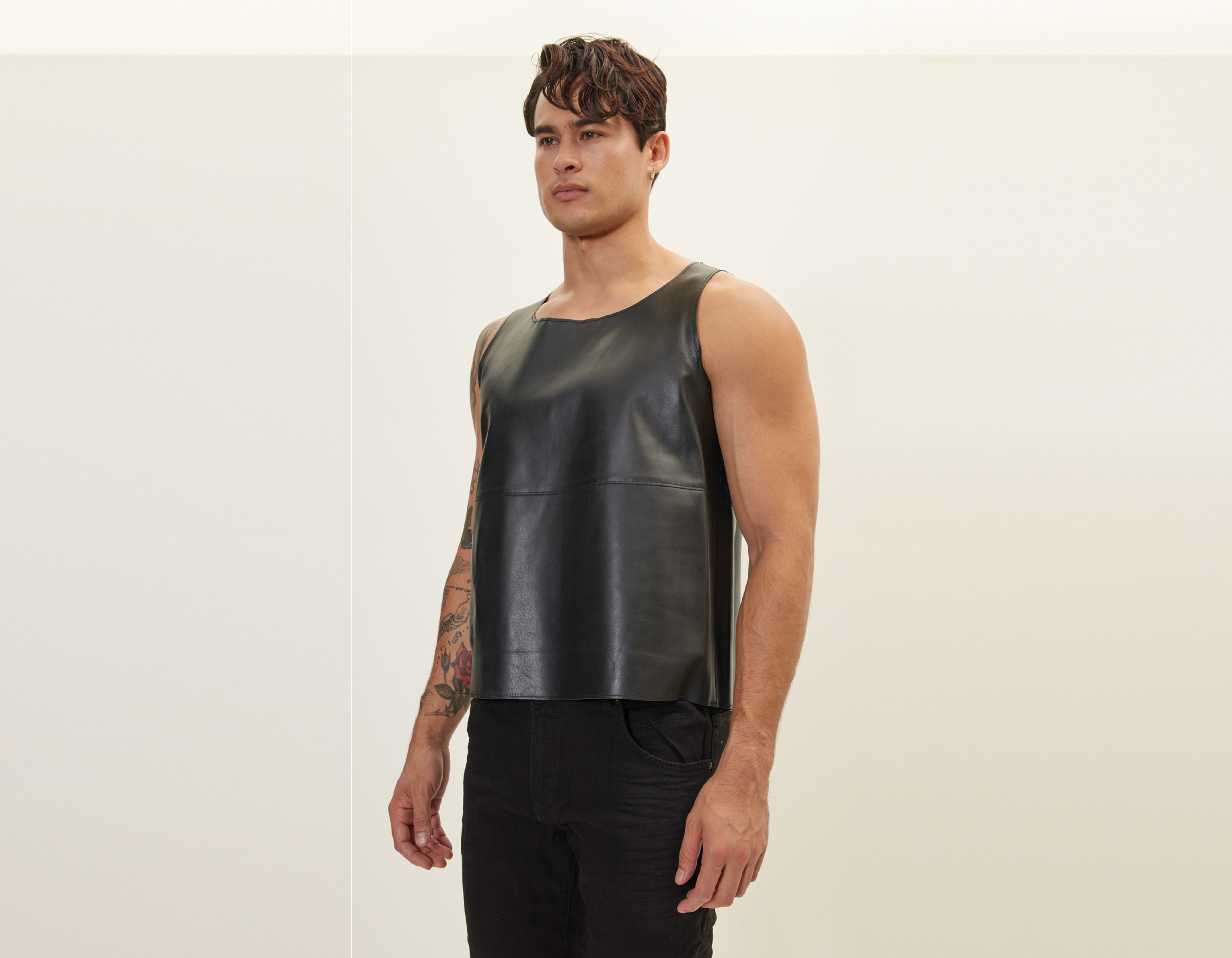 Mens Black Leather Half Sleeve Shirt - Real Sheep Skin - Image 2