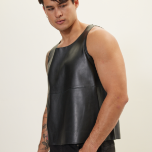 Mens Black Leather Half Sleeve Shirt - Real Sheep Skin