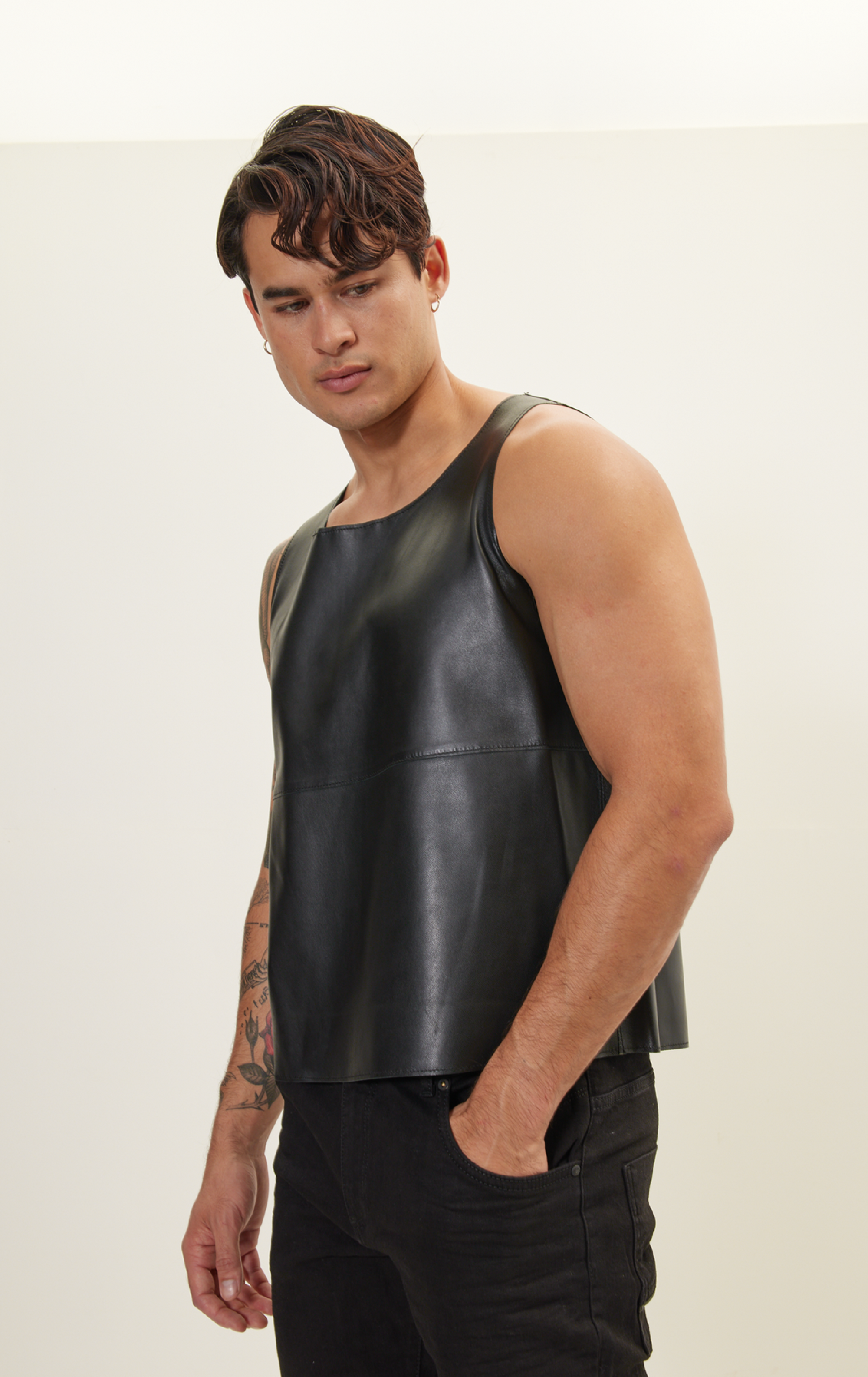 Mens Black Leather Half Sleeve Shirt - Real Sheep Skin