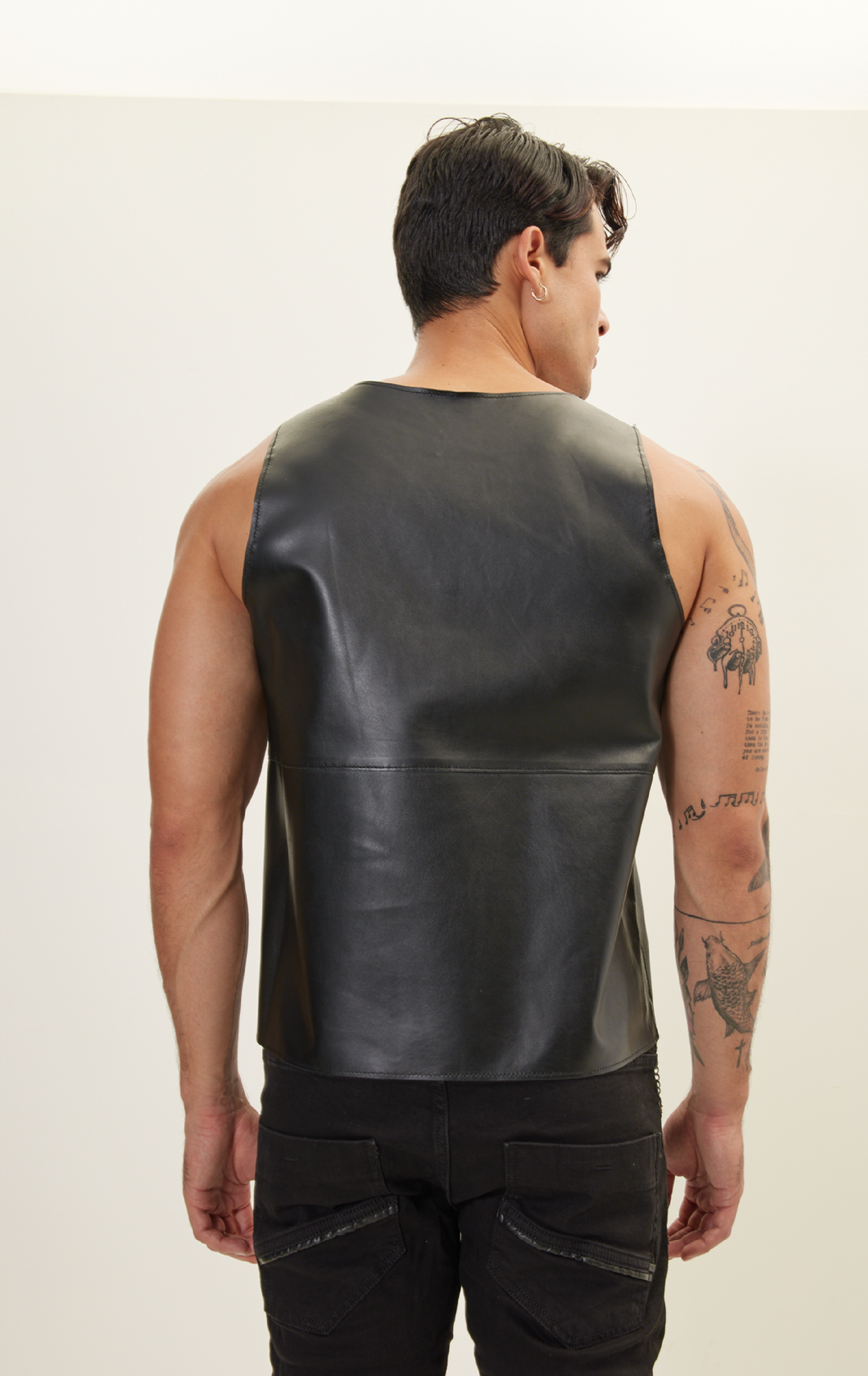Mens Black Leather Half Sleeve Shirt - Real Sheep Skin - Image 4