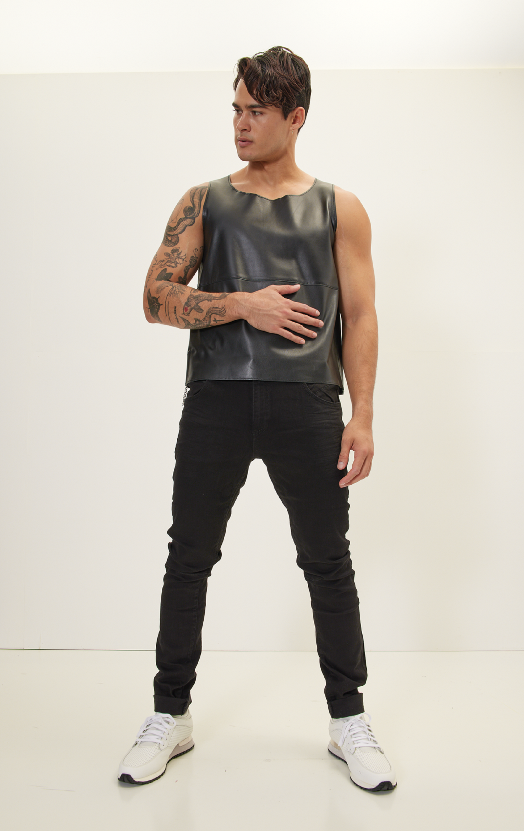 Mens Black Leather Half Sleeve Shirt - Real Sheep Skin - Image 3