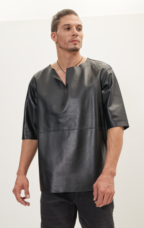 Mens Black Leather Half Sleeve Shirt - Real Sheep Skin