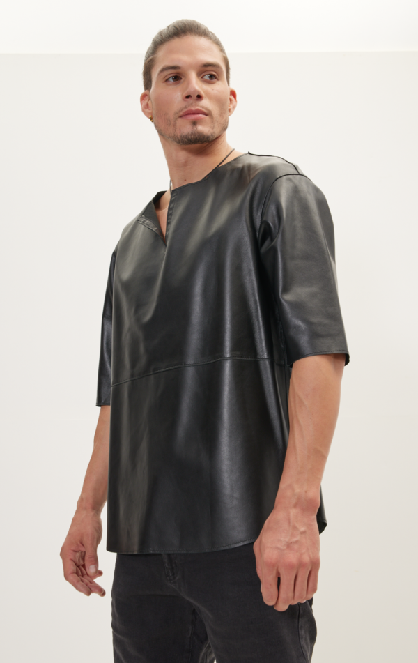 Mens Black Leather Half Sleeve Shirt - Real Sheep Skin - Image 3