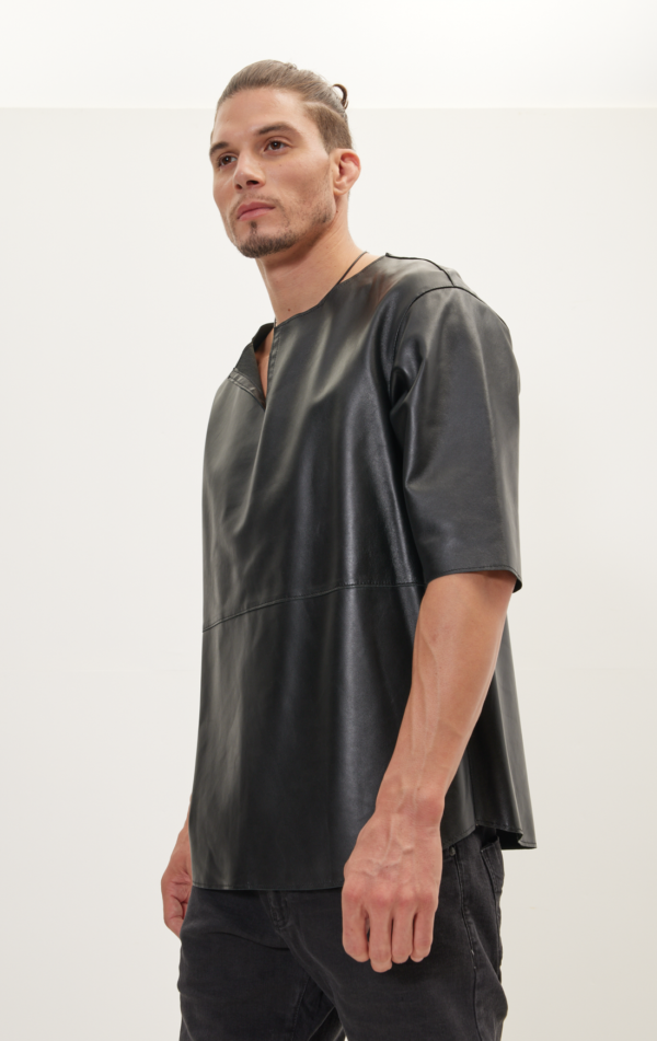 Mens Black Leather Half Sleeve Shirt - Real Sheep Skin - Image 4