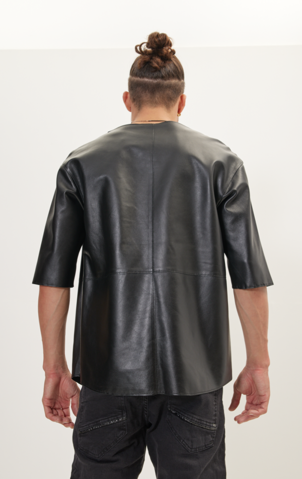 Mens Black Leather Half Sleeve Shirt - Real Sheep Skin - Image 2