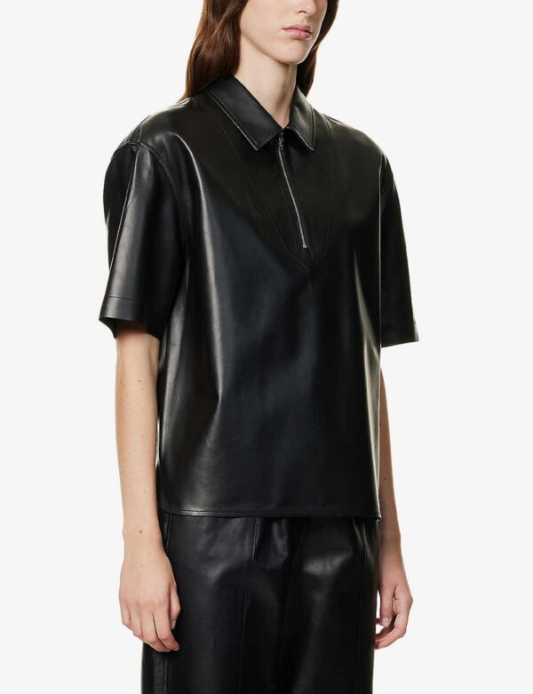 Ladies Black Leather Half Sleeve Shirt - Real Sheep Skin