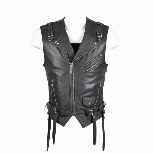 Mens Black Leather Steampunk Vest - Real Cow Skin Handmade Biker Vest