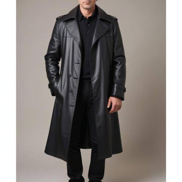 Mens Black Leather Trench Coat - Real Cow Skin Handmade Duster