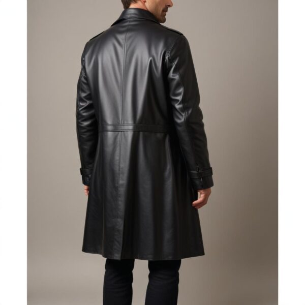 Mens Black Leather Trench Coat - Real Cow Skin Handmade Duster - Image 2