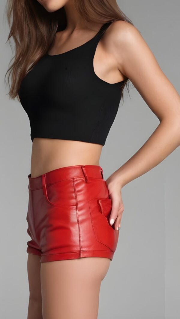 Womens Red Leather High Waist Shorts Real Cow Skin Party Wear Shorts - Image 2