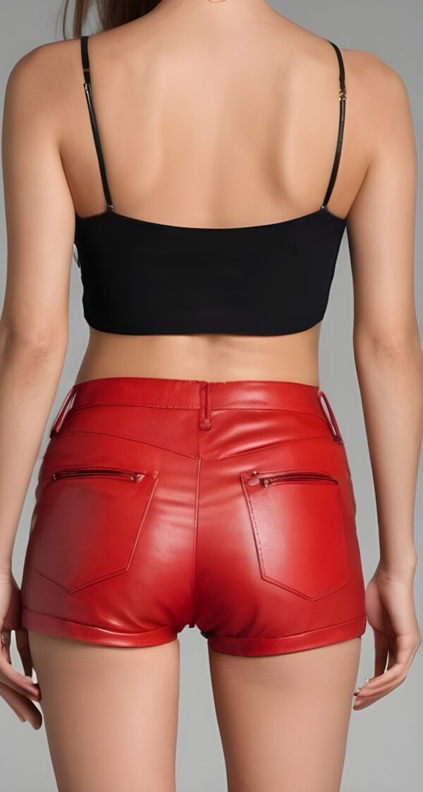 Womens Red Leather High Waist Shorts Real Cow Skin Party Wear Shorts - Image 3