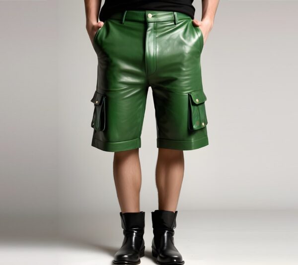 Mens Green Leather Cargo Shorts Genuine Cow Leather Biker Shorts