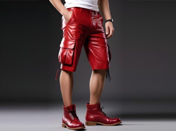 Mens Red Leather Cargo Shorts Genuine Cow Leather Biker Shorts