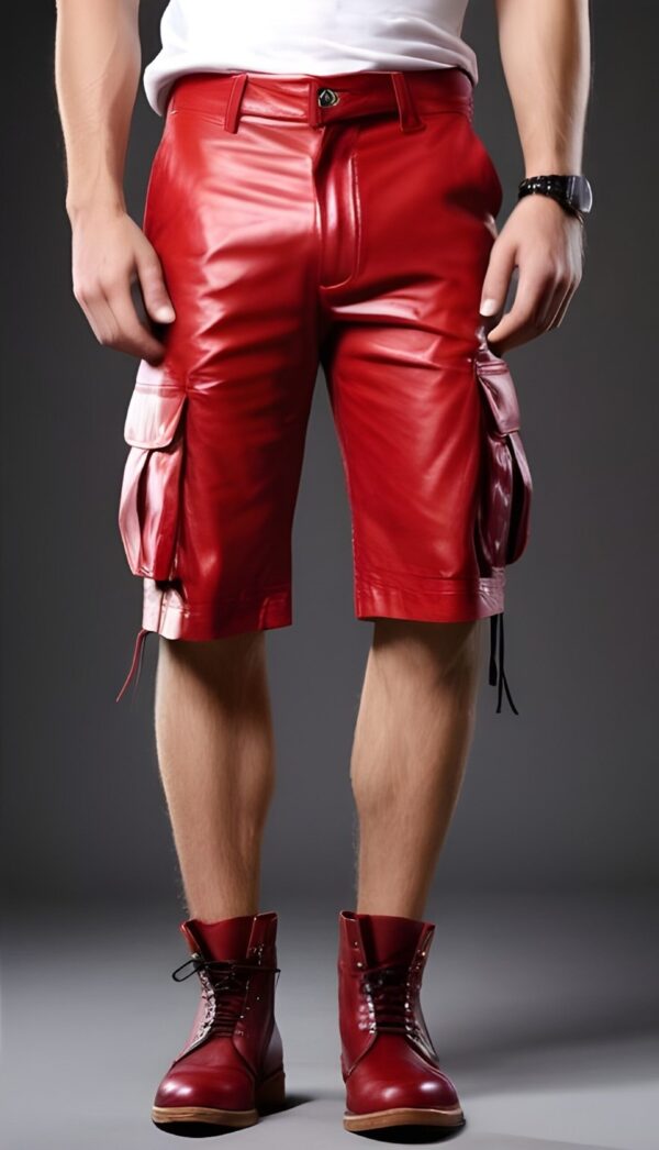 Mens Red Leather Cargo Shorts Genuine Cow Leather Biker Shorts - Image 2