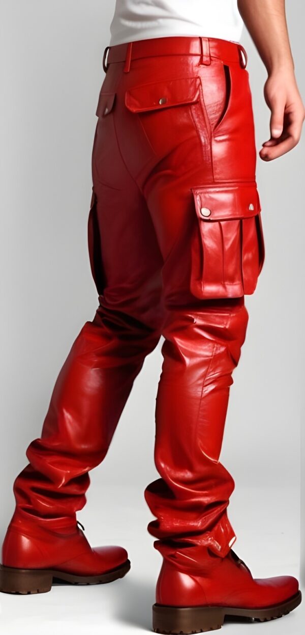 Mens Red Leather Biker Cargo Trouser- Real Leather Pants - Image 3