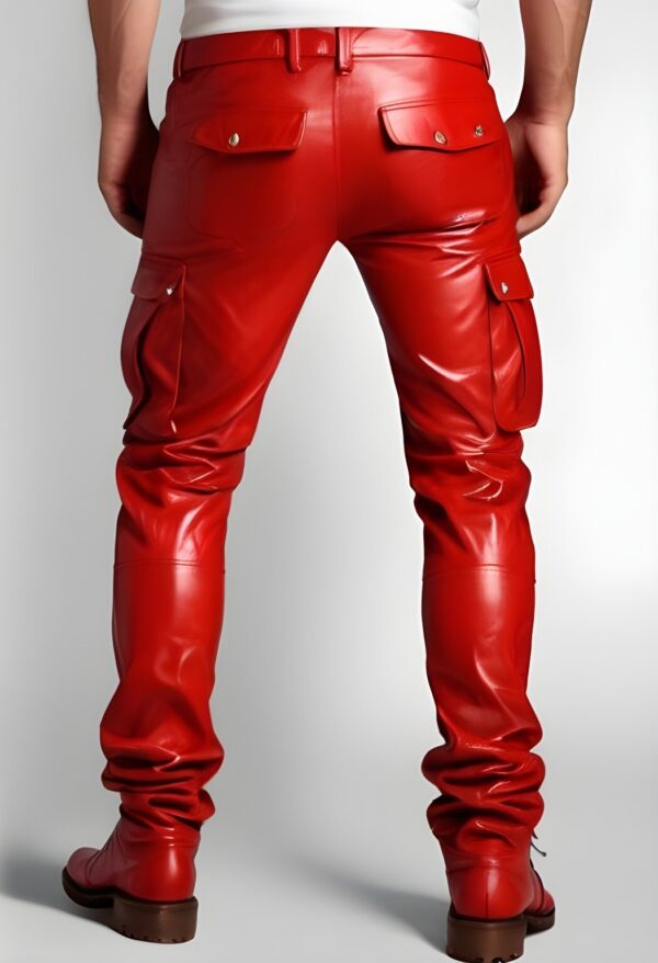 Mens Red Leather Biker Cargo Trouser- Real Leather Pants - Image 2