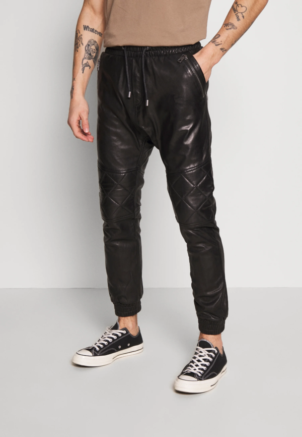 Mens Black Leather Quilted Trouser - Genuine Sheep Leather