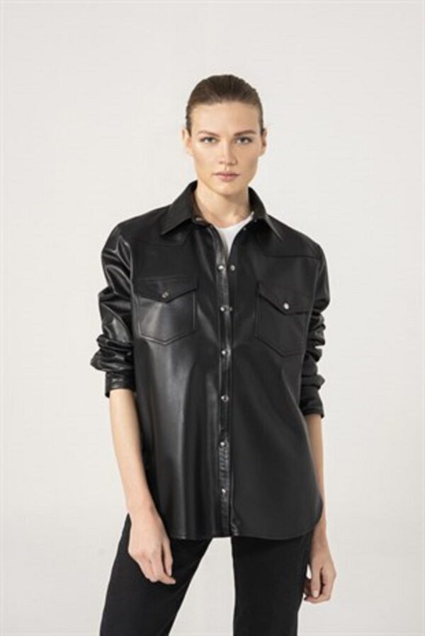 Ladies Black Leather Full Sleeve Shirt - Real Sheep Skin - Image 5