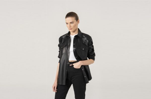 Ladies Black Leather Full Sleeve Shirt - Real Sheep Skin