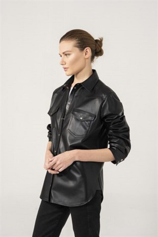 Ladies Black Leather Full Sleeve Shirt - Real Sheep Skin - Image 2