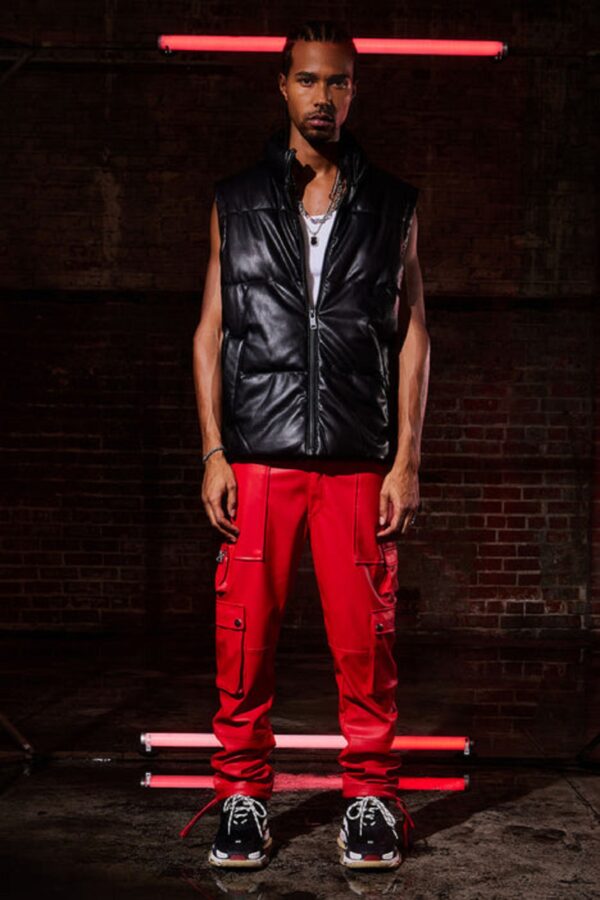 Mens Red Leather Cargo Trouser - Real Cow Skin - Image 2