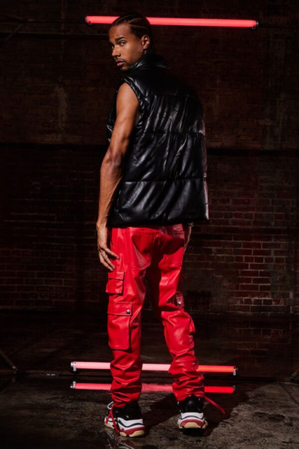 Mens Red Leather Cargo Trouser - Real Cow Skin - Image 3