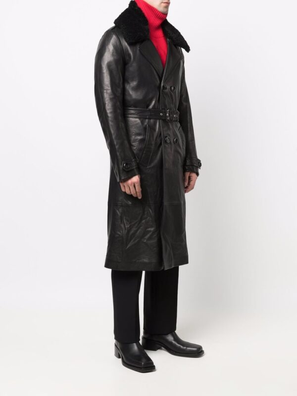 Mens Black Leather Tench Coat - Genuine Cow Skin Leather Duster - Image 4