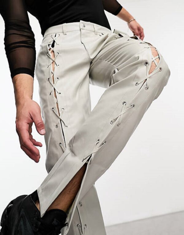 Mens Grey Leather Motorcycle Pants - Real Sheep Skin - Image 2